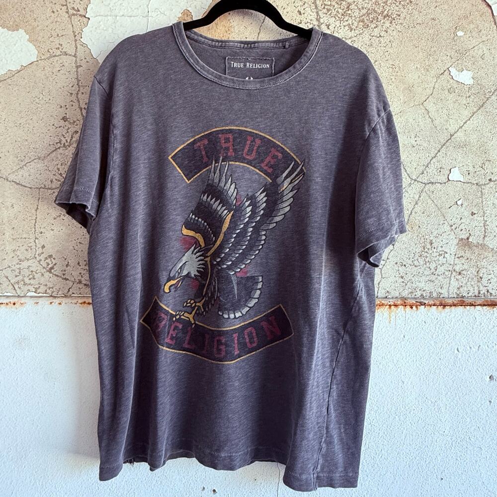True Religion T Shirt Mens XXL Graphic Print Eagle Vintage Wash Streetwear Tee